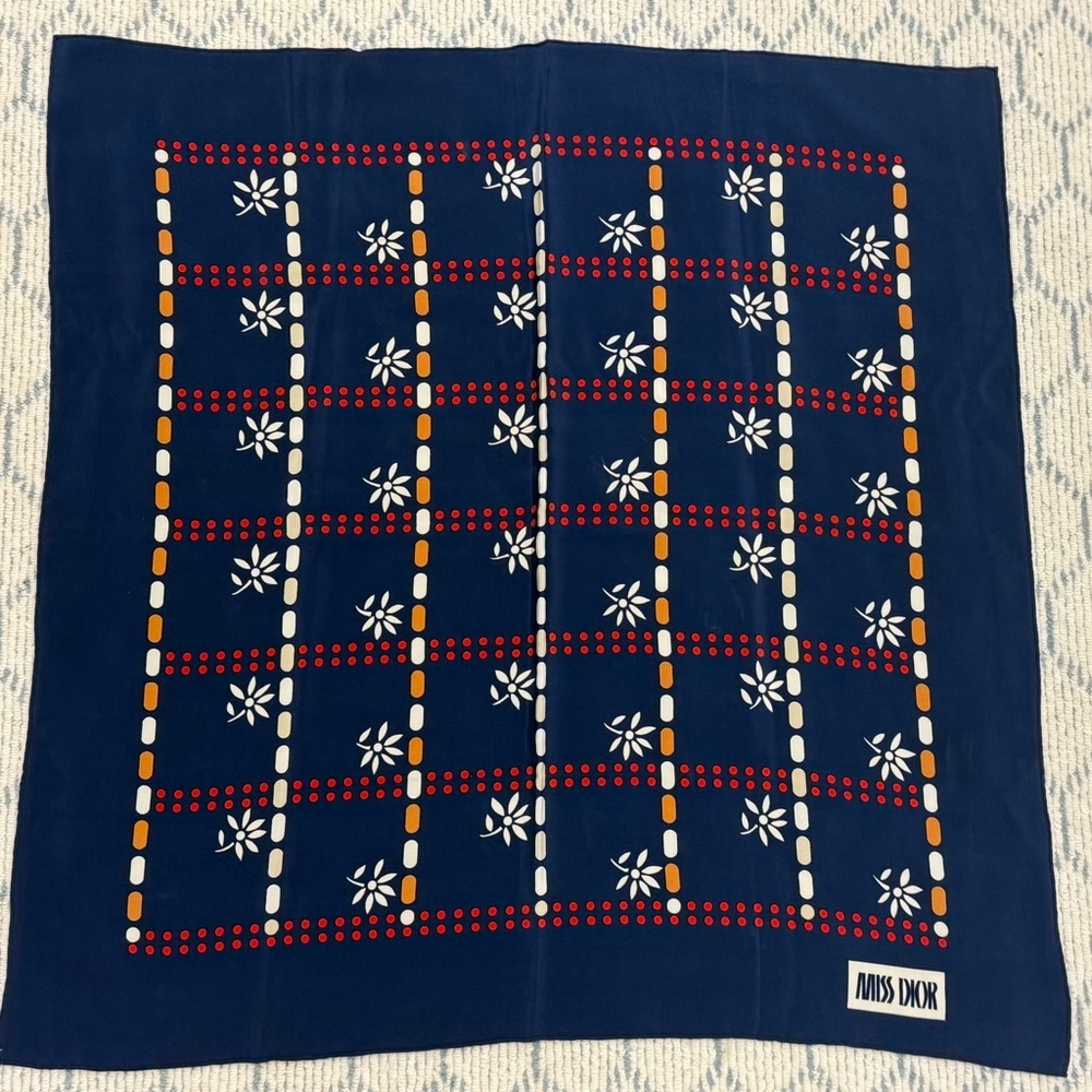 CHRISTIAN DIOR Vintage Y2K 70’s 100% Silk Navy/Multicolor Geometric Floral Scarf - Picture 2 of 11